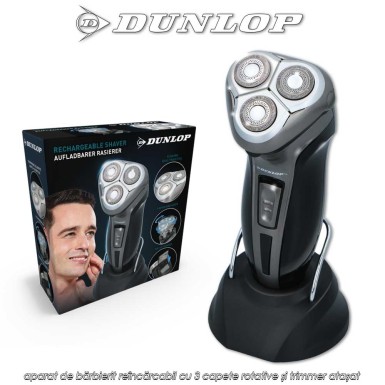 Dunlop Shaver 3H - aparat de bărbierit reîncărcabil cu 3 capete rotative și trimmer atașat