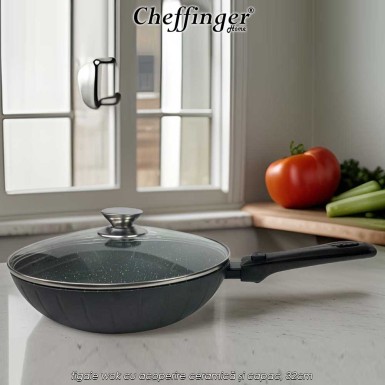 Cheffinger Home FWD32 - tigaie wok cu acoperire ceramică și capac, 32cm