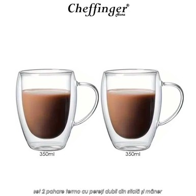 Cheffinger Home G16 - set 2 pahare termo cu pereți dubli din sticlă și mâner