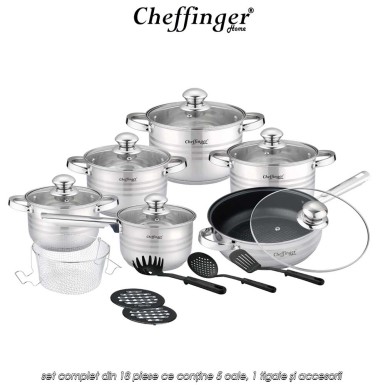 Cheffinger Home 1830M - set complet din 18 piese ce conține 5 oale, 1 tigaie și accesorii