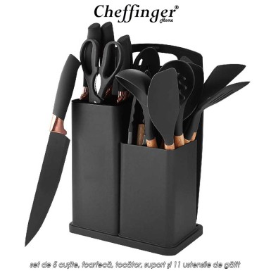 Cheffinger Home KSUT01 - set de 5 cuțite, foarfecă, tocător, suport și 11 ustensile de gătit