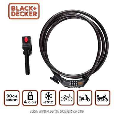 Black+Decker Bike Combination Lock - cablu antifurt pentru bicicletă cu cifru